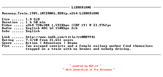 NFO for the release Runaway.Train.1985.iNTERNAL.BDRip.x264-LiBRARiANS by LiBRARiANS