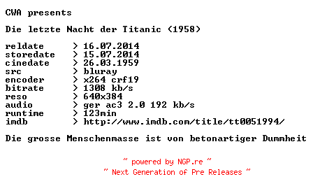 NFO for the release Die.letzte.Nacht.der.Titanic.1958.German.BDRip.x264.iNTERNAL-CWA by CWA