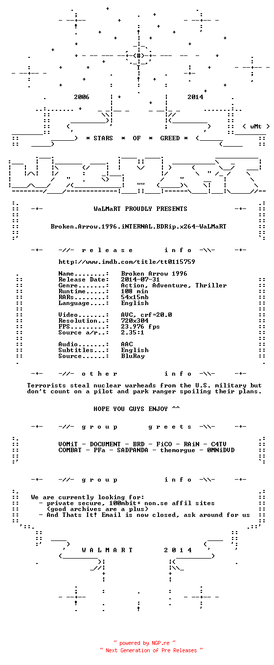 NFO for the release Broken.Arrow.1996.iNTERNAL.BDRip.x264-WaLMaRT by WaLMaRT