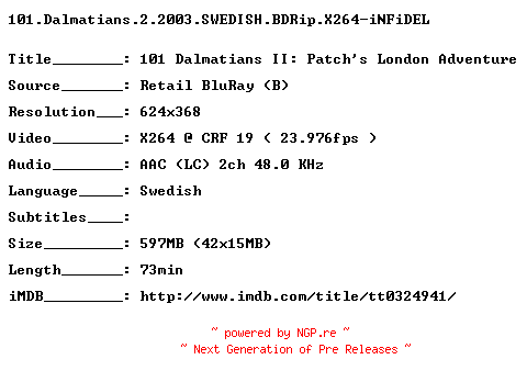 NFO for the release 101.Dalmatians.2.2003.SWEDISH.BDRip.X264-iNFiDEL by iNFiDEL
