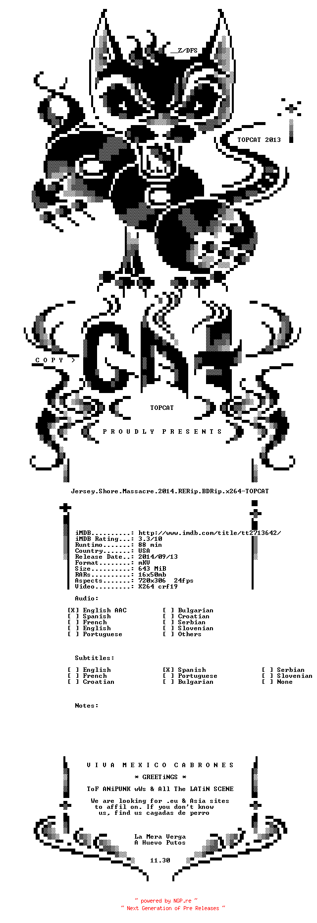 NFO for the release Jersey.Shore.Massacre.2014.RERip.BDRip.x264-TOPCAT by TOPCAT
