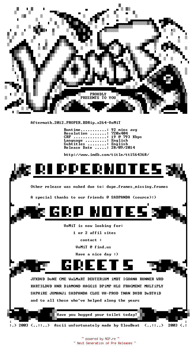 NFO for the release Aftermath.2012.PROPER.BDRip.x264-VoMiT by VoMiT