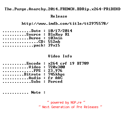 NFO for the release The.Purge.Anarchy.2014.FRENCH.BDRip.x264-PRiDEHD by PRiDEHD