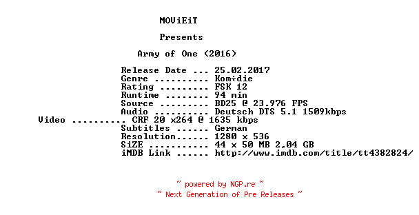 NFO for the release Army.of.One.2016.German.720p.BluRay.x264-MOViEiT by MOViEiT