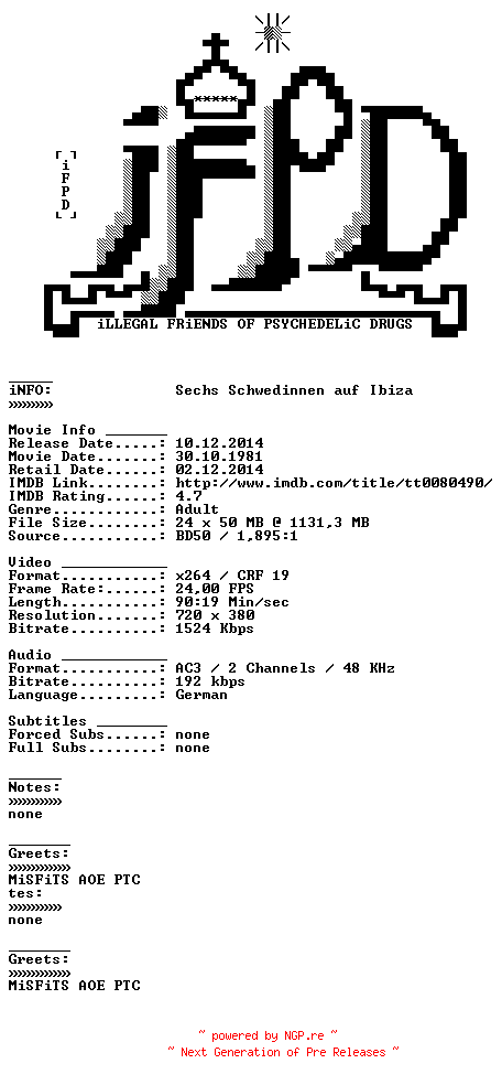 NFO for the release Sechs.Schwedinnen.auf.Ibiza.German.1981.AC3.BDRiP.x264-iFPD by iFPD