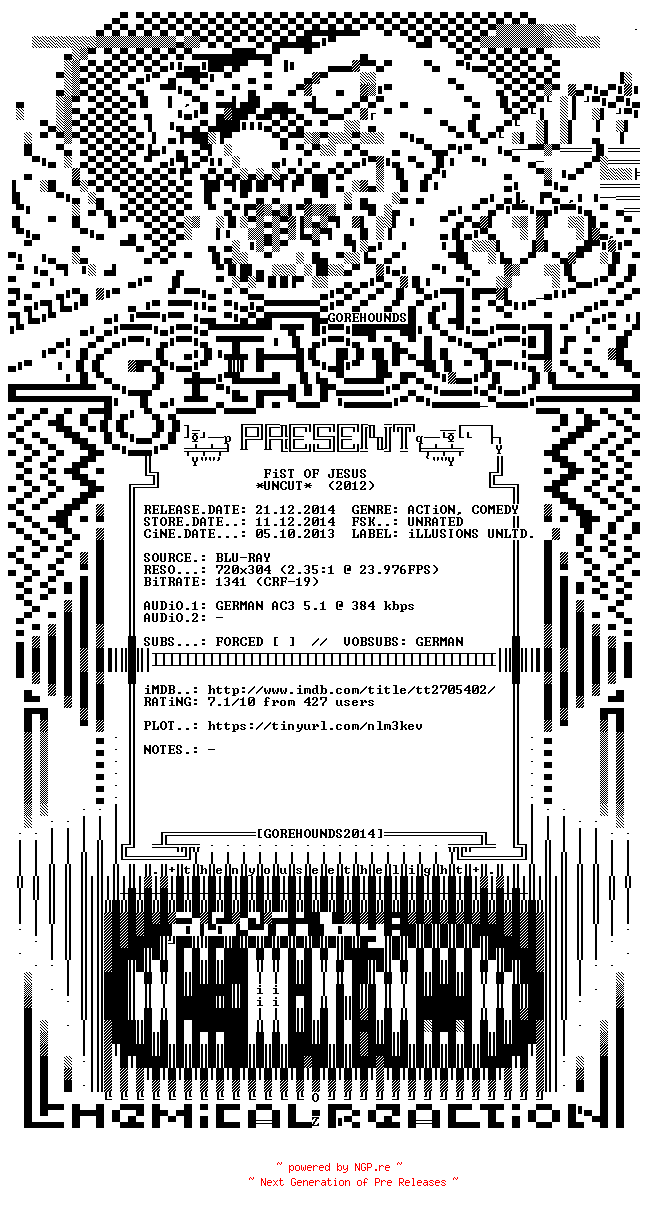 NFO for the release Fist.Of.Jesus.GERMAN.2012.BDRiP.x264-GOREHOUNDS by GOREHOUNDS