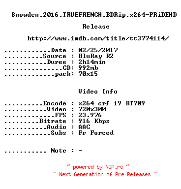 NFO for the release Snowden.2016.TRUEFRENCH.BDRip.x264-PRiDEHD by PRiDEHD