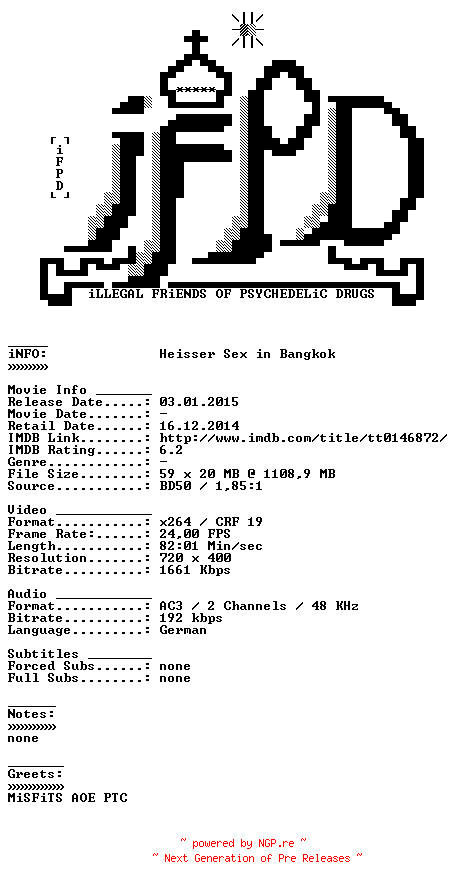 NFO for the release Heisser.Sex.in.Bangkok.German.1976.AC3.BDRiP.x264-iFPD by iFPD