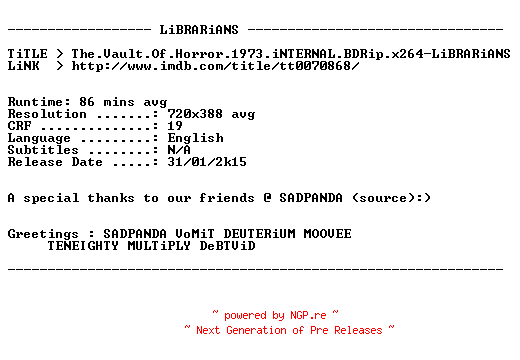 NFO for the release The.Vault.Of.Horror.1973.iNTERNAL.BDRip.x264-LiBRARiANS by LiBRARiANS
