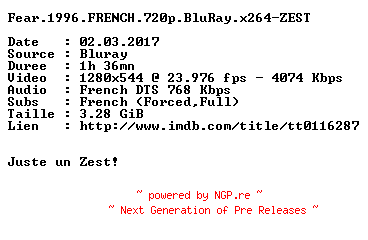 NFO for the release Fear.1996.FRENCH.720p.BluRay.x264-ZEST by ZEST
