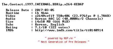 NFO for the release The.Contact.1997.INTERNAL.BDRip.x264-KEBAP by KEBAP