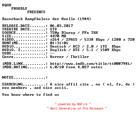 NFO for the release Razorback.Kampfkoloss.der.Hoelle.1984.German.AC3D.DL.720p.BluRay.x264-HQOD by HQOD