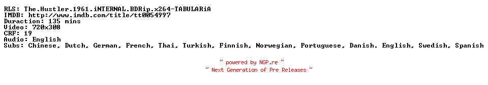 NFO for the release The.Hustler.1961.iNTERNAL.BDRip.x264-TABULARiA by TABULARiA