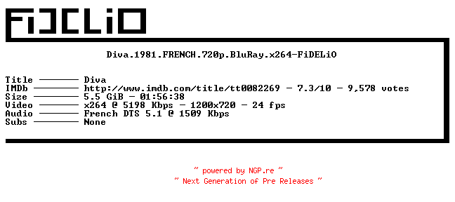 NFO for the release Diva.1981.FRENCH.720p.BluRay.x264-FiDELiO by FiDELiO