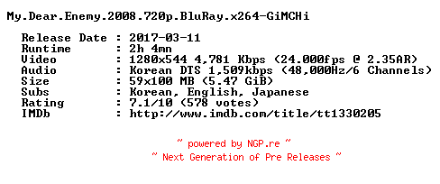 NFO for the release My.Dear.Enemy.2008.720p.BluRay.x264-GiMCHi by GiMCHi