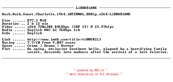 NFO for the release Hush.Hush.Sweet.Charlotte.1964.iNTERNAL.BDRip.x264-LiBRARiANS by LiBRARiANS