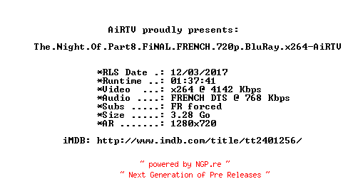 NFO for the release The.Night.Of.Part8.FiNAL.FRENCH.720p.BluRay.x264-AiRTV by AiRTV