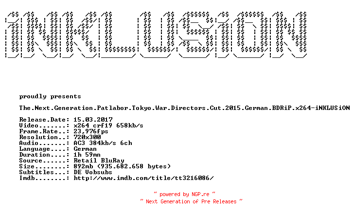 NFO for the release The.Next.Generation.Patlabor.Tokyo.War.Directors.Cut.2015.German.BDRiP.x264-iNKLUSiON by iNKLUSiON