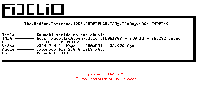 NFO for the release The.Hidden.Fortress.1958.SUBFRENCH.720p.BluRay.x264-FiDELiO by FiDELiO