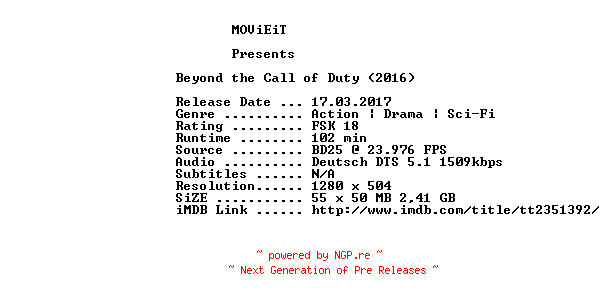 NFO for the release Beyond.the.Call.to.Duty.Elite.Squad.vs.Zombies.2016.German.720p.BluRay.x264-MOViEiT by MOViEiT