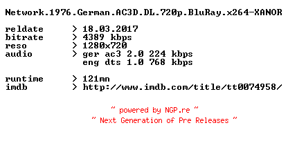 NFO for the release Network.1976.German.AC3D.DL.720p.BluRay.x264-XANOR by XANOR