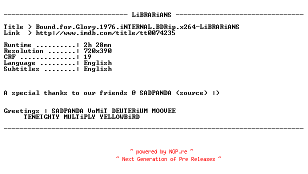 NFO for the release Bound.for.Glory.1976.iNTERNAL.BDRip.x264-LiBRARiANS by LiBRARiANS