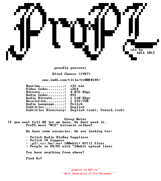 NFO for the release Blind.Chance.1987.720p.BluRay.x264-ProPL by ProPL