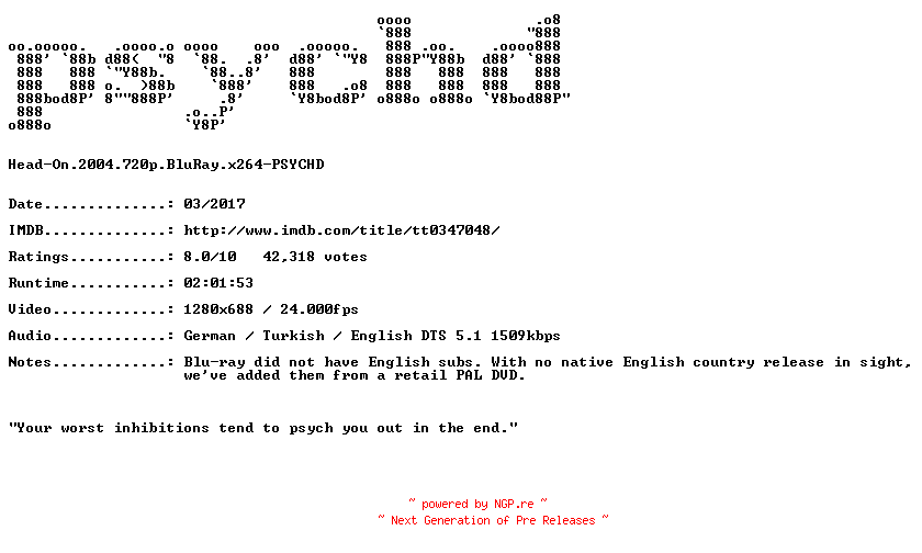 NFO for the release Head-On.2004.720p.BluRay.x264-PSYCHD by PSYCHD