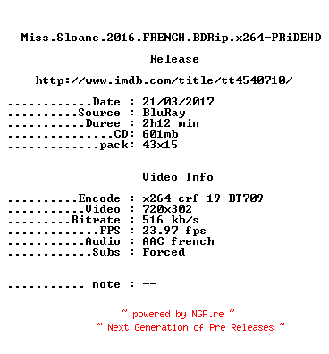 NFO for the release Miss.Sloane.2016.FRENCH.BDRip.x264-PRiDEHD by PRiDEHD