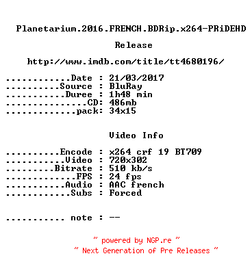 NFO for the release Planetarium.2016.FRENCH.BDRip.x264-PRiDEHD by PRiDEHD