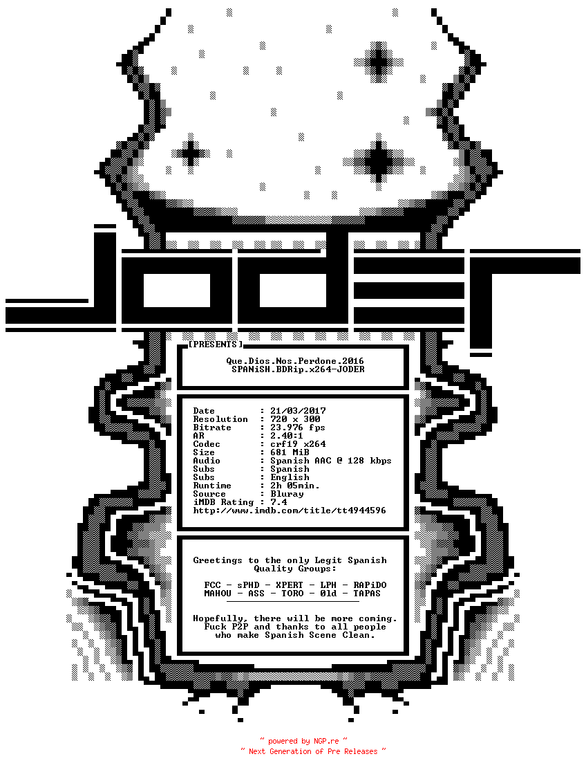 NFO for the release Que.Dios.Nos.Perdone.2016.SPANiSH.BDRip.x264-JODER by JODER