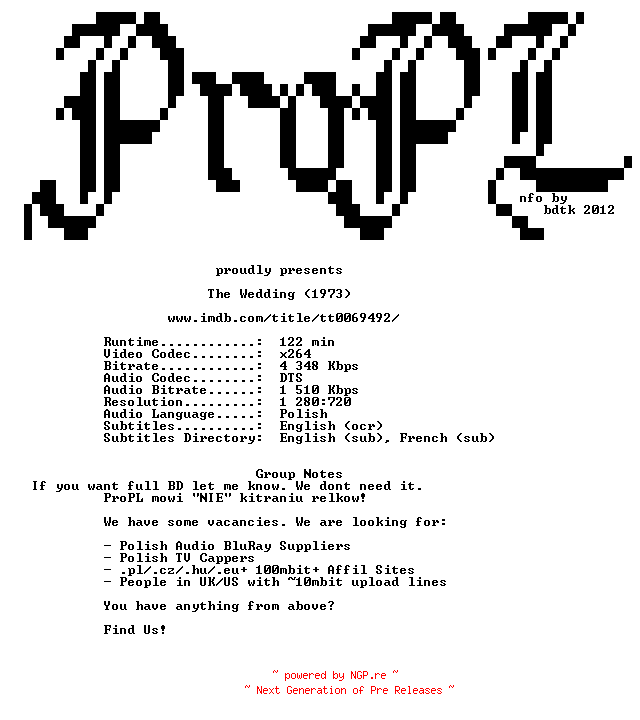 NFO for the release The.Wedding.1973.720p.BluRay.x264-ProPL by ProPL