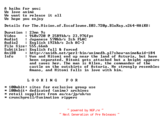 NFO for the release The.Vision.of.Escaflowne.E03.720p.BluRay.x264-HAiKU by HAiKU