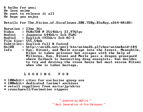 NFO for the release The.Vision.of.Escaflowne.E08.720p.BluRay.x264-HAiKU by HAiKU
