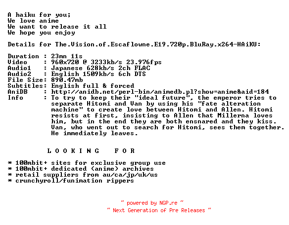 NFO for the release The.Vision.of.Escaflowne.E19.720p.BluRay.x264-HAiKU by HAiKU