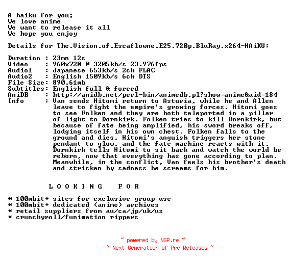 NFO for the release The.Vision.of.Escaflowne.E25.720p.BluRay.x264-HAiKU by HAiKU