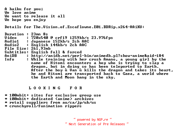 NFO for the release The.Vision.of.Escaflowne.E01.BDRip.x264-HAiKU by HAiKU