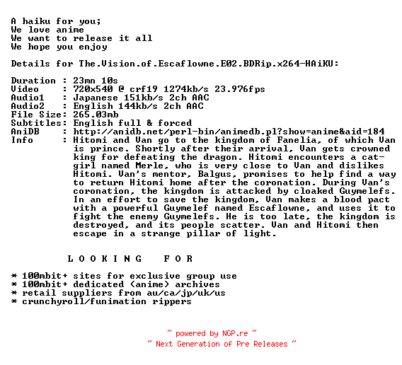 NFO for the release The.Vision.of.Escaflowne.E02.BDRip.x264-HAiKU by HAiKU