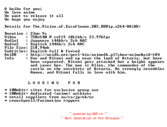 NFO for the release The.Vision.of.Escaflowne.E03.BDRip.x264-HAiKU by HAiKU