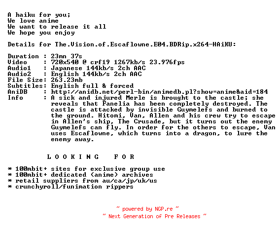 NFO for the release The.Vision.of.Escaflowne.E04.BDRip.x264-HAiKU by HAiKU