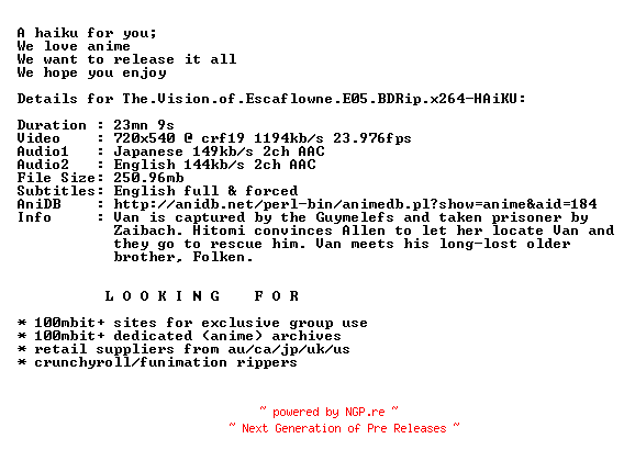 NFO for the release The.Vision.of.Escaflowne.E05.BDRip.x264-HAiKU by HAiKU