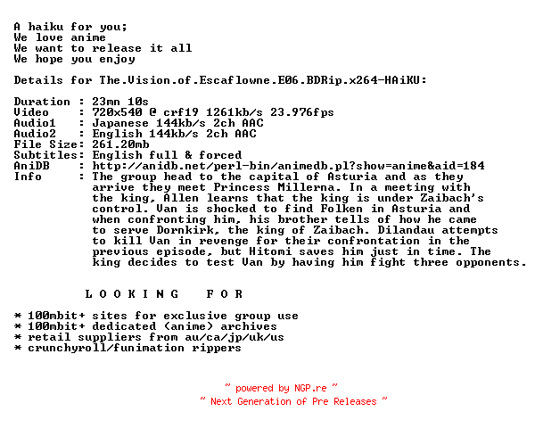 NFO for the release The.Vision.of.Escaflowne.E06.BDRip.x264-HAiKU by HAiKU