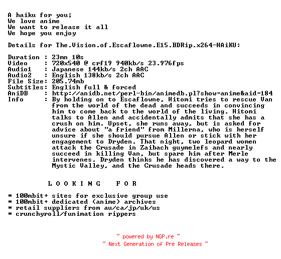NFO for the release The.Vision.of.Escaflowne.E15.BDRip.x264-HAiKU by HAiKU