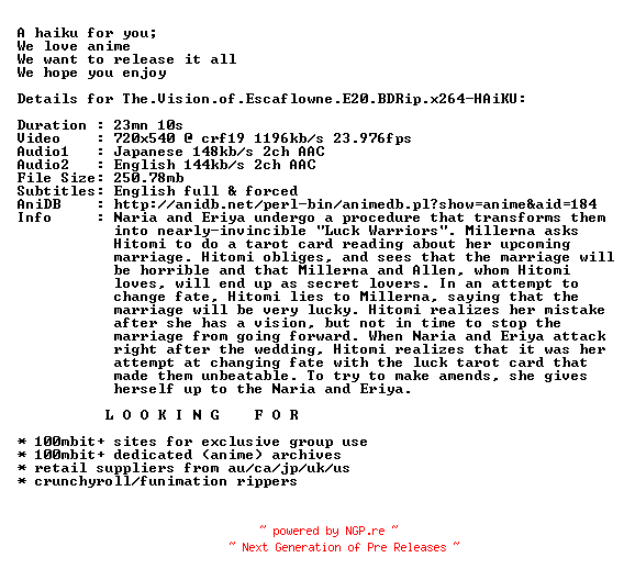 NFO for the release The.Vision.of.Escaflowne.E20.BDRip.x264-HAiKU by HAiKU