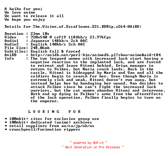 NFO for the release The.Vision.of.Escaflowne.E21.BDRip.x264-HAiKU by HAiKU