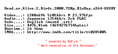 NFO for the release Dead.or.Alive.2.Birds.2000.720p.BluRay.x264-USURY by USURY