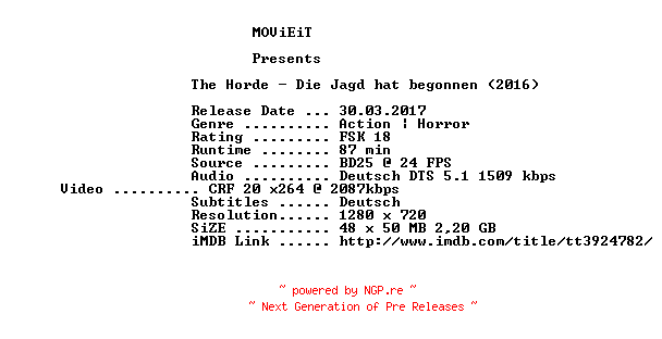 NFO for the release The.Horde.Die.Jagd.hat.begonnen.2016.German.720p.BluRay.x264-MOViEiT by MOViEiT