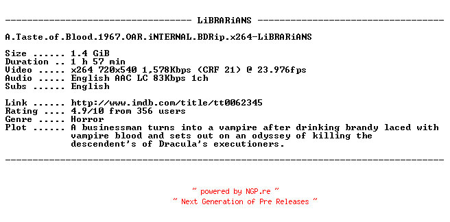 NFO for the release A.Taste.of.Blood.1967.OAR.iNTERNAL.BDRip.x264-LiBRARiANS by LiBRARiANS