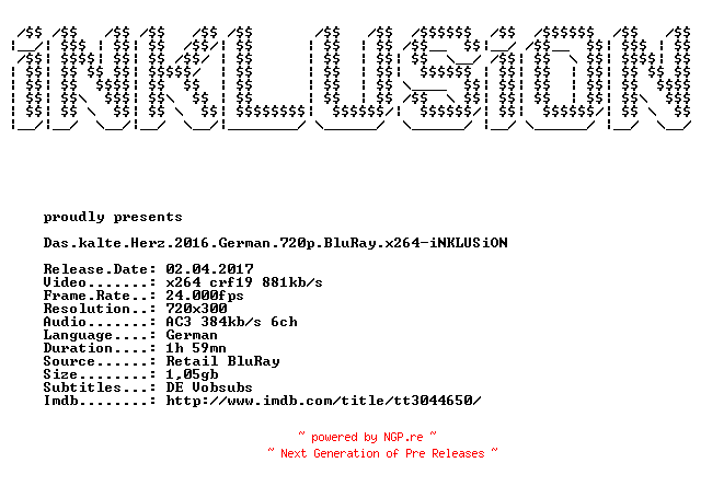 NFO for the release Das.kalte.Herz.2016.German.BDRiP.x264-iNKLUSiON by iNKLUSiON