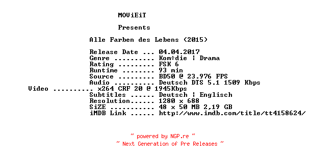 NFO for the release Alle.Farben.des.Lebens.2015.German.720p.BluRay.x264-MOViEiT by MOViEiT